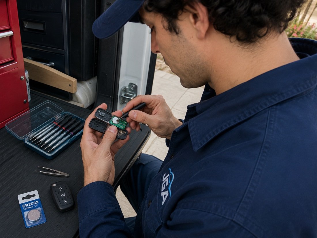 Car key fob remote being repaired and programmed